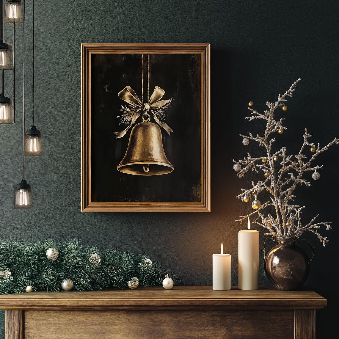 Golden Christmas Bell with Ribbon Bow on Black Vintage Poster - Image 4