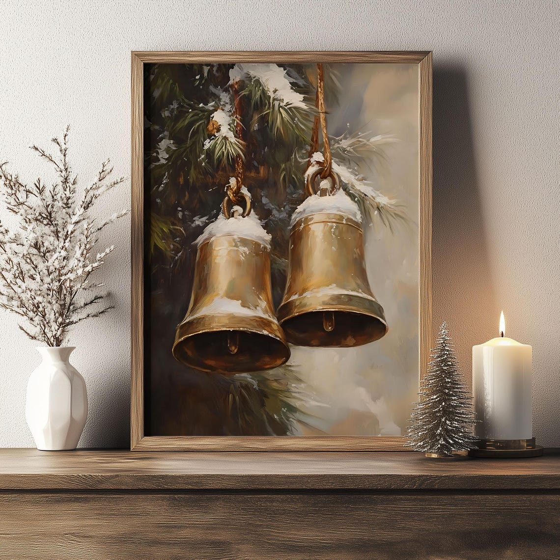 Two Snow Dusted Brass Bells Hanging on Pine Branch Christmas Poster - Image 4