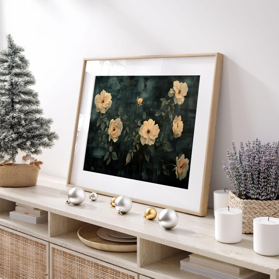 Cream Roses on Dark Background Moody Vintage Floral Oil Poster - Image 2