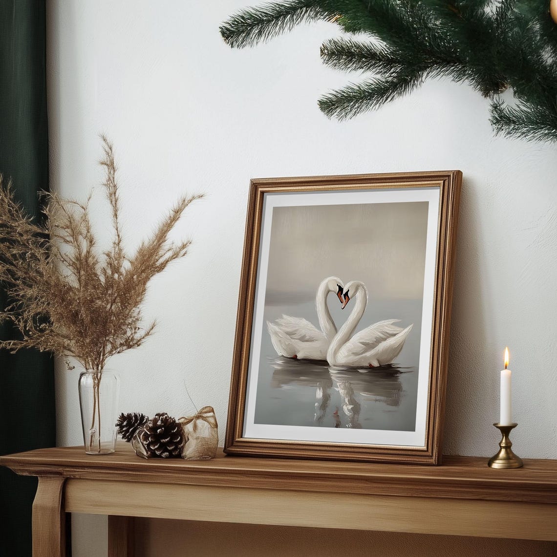 Two White Swans Forming Heart Shape Romantic Lake Painting Poster - Image 7