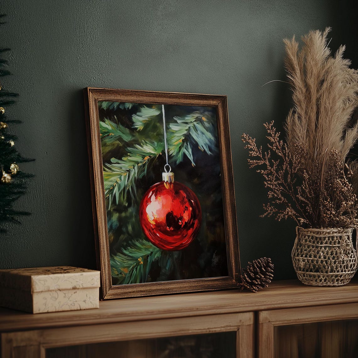 Single Red Bauble on Pine Branch Close Up Christmas Ornament Poster - Image 6