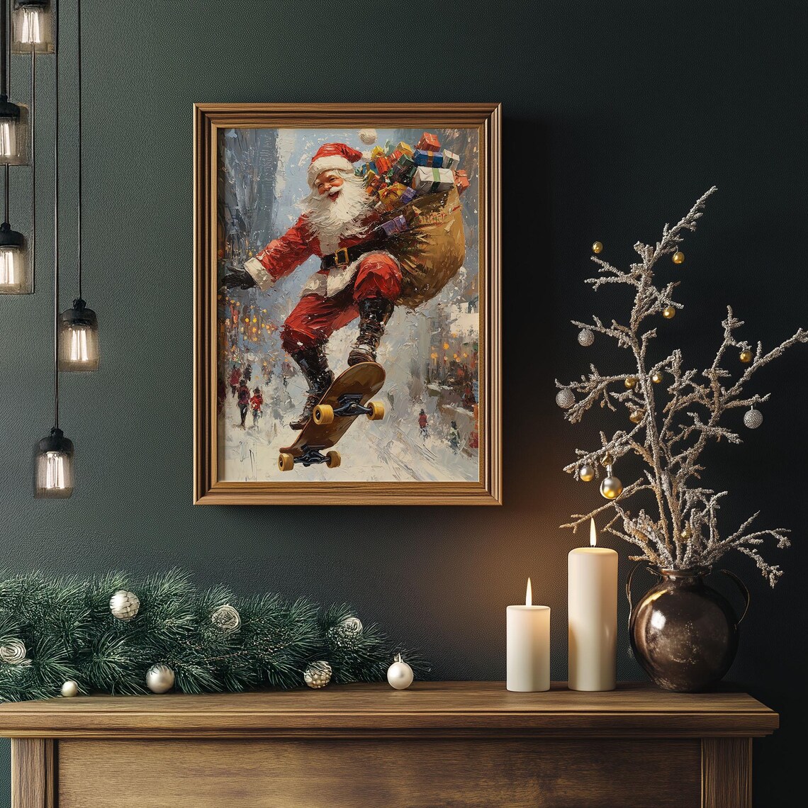 Cool Santa Claus Skateboard Jump with Gift Bag Snowy Street Poster - Image 6