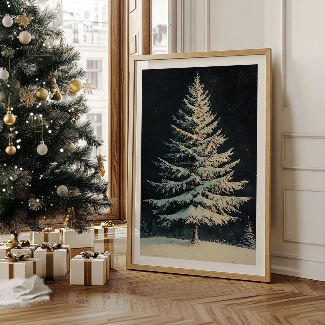 Moonlit Snowy Evergreen Dark Night Sky Vintage Winter Tree Poster - Image 4