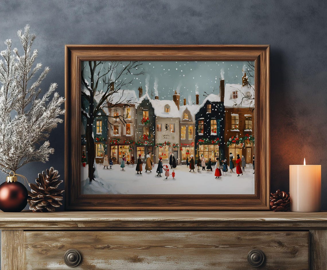 Snowy Christmas Village Shops Snowfall Night Oil Painting Poster - Image 2