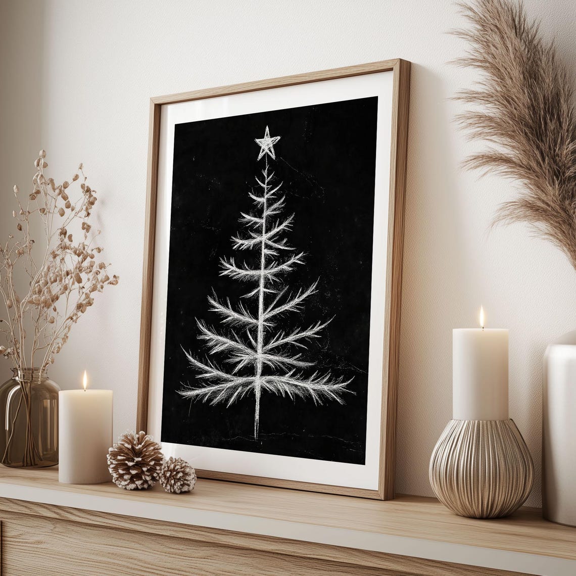 White Chalk Christmas Tree Drawing on Black Chalkboard Wall Art - Image 3
