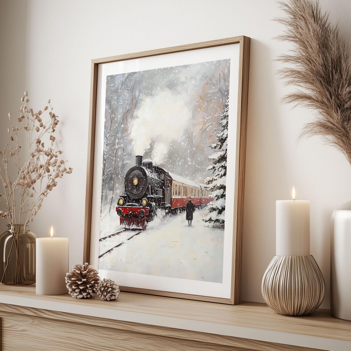 Vintage Steam Locomotive in Snowy Forest Winter Train Painting Poster - Image 4