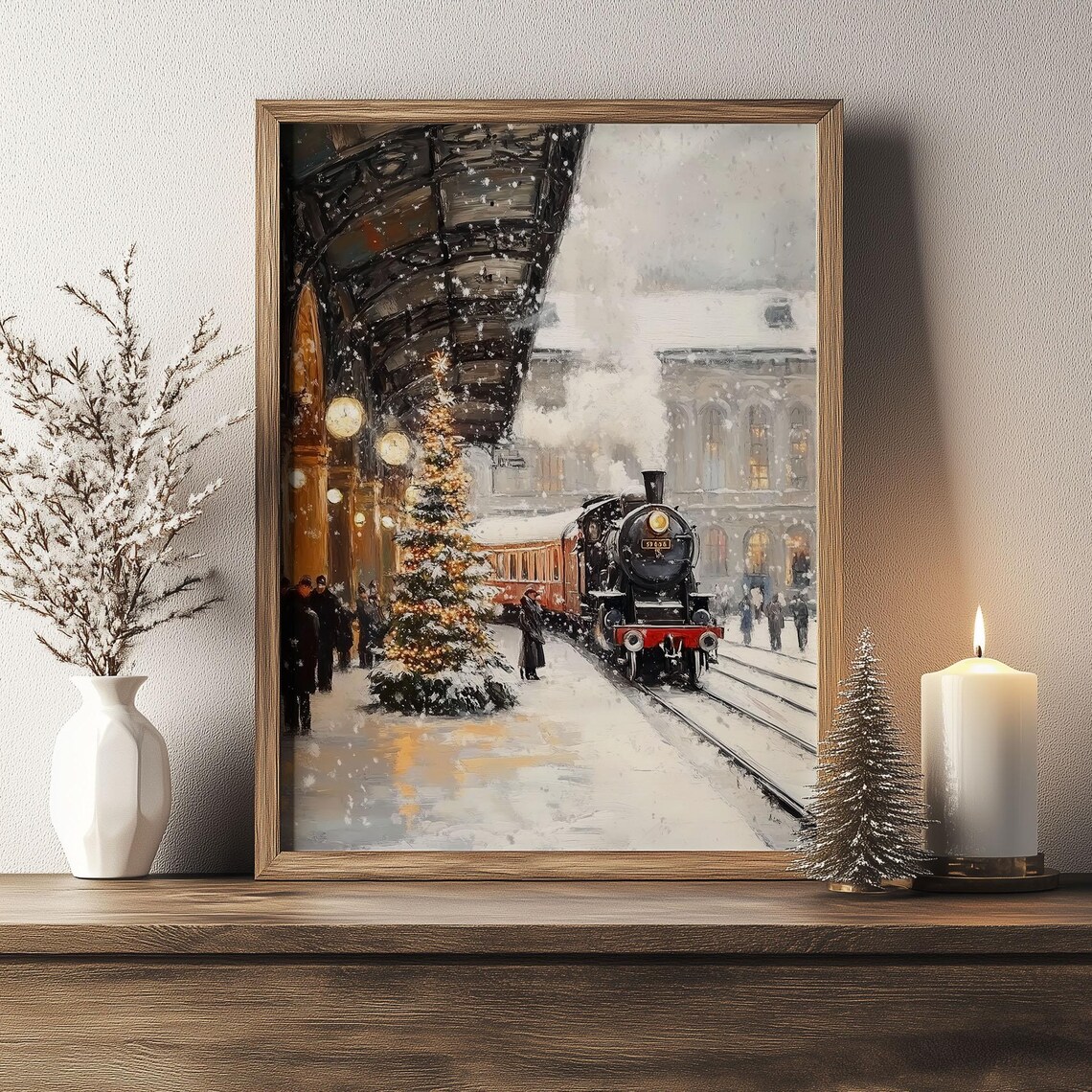 Vintage Steam Train at Snowy Christmas Station Oil Painting Poster - Image 3