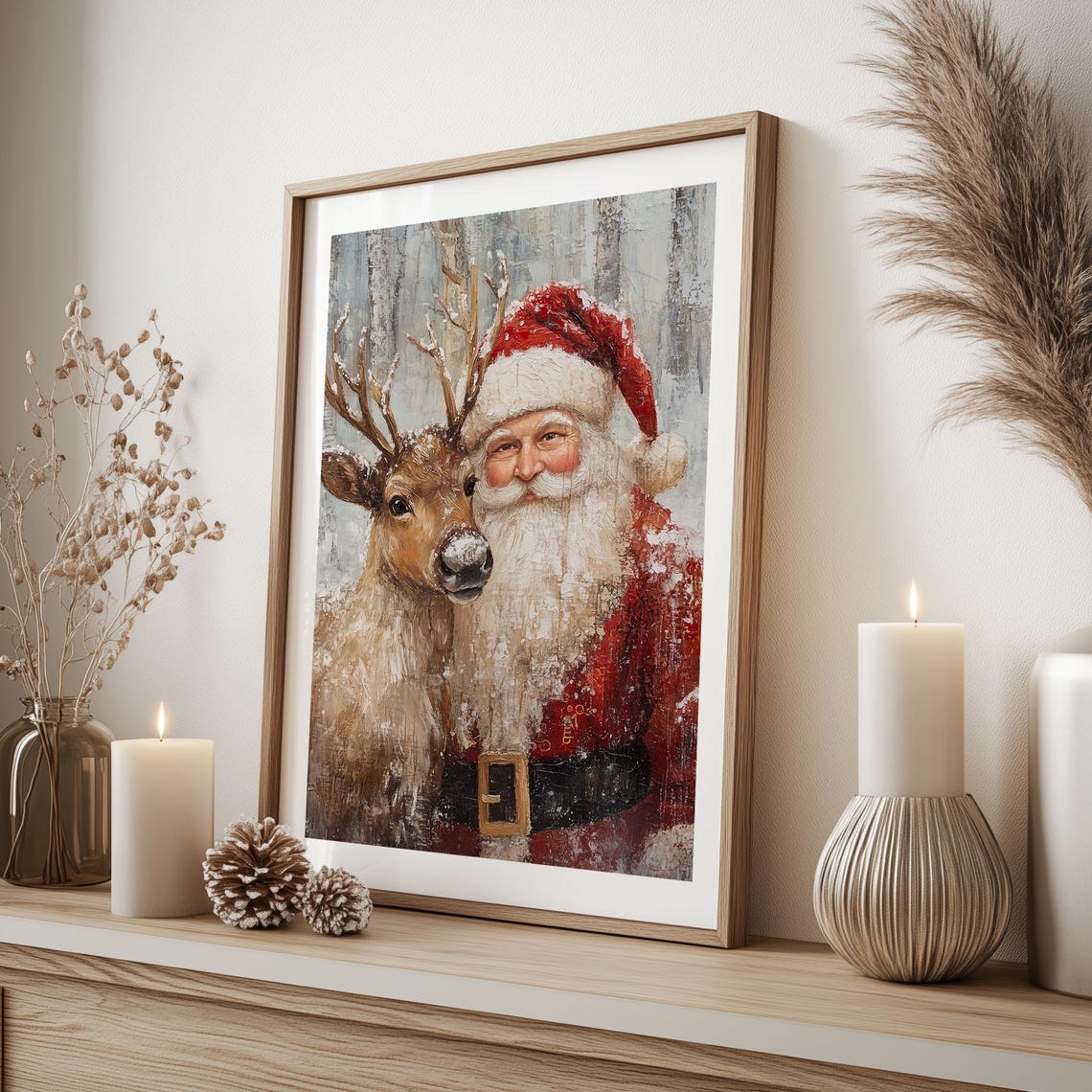 Santa Claus with Reindeer Snow Dusted Portrait Christmas Scene Poster - Image 3