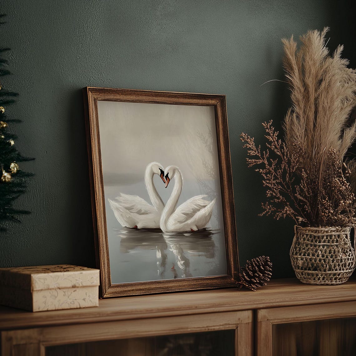 Two White Swans Forming Heart Shape Romantic Lake Painting Poster - Image 6
