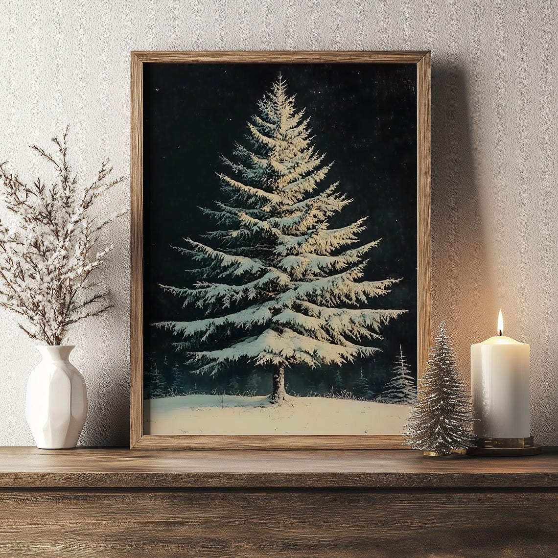 Moonlit Snowy Evergreen Dark Night Sky Vintage Winter Tree Poster - Image 2