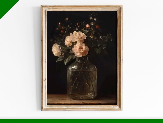 Dark Moody White Peony Flowers in Glass Vase Still Life Poster