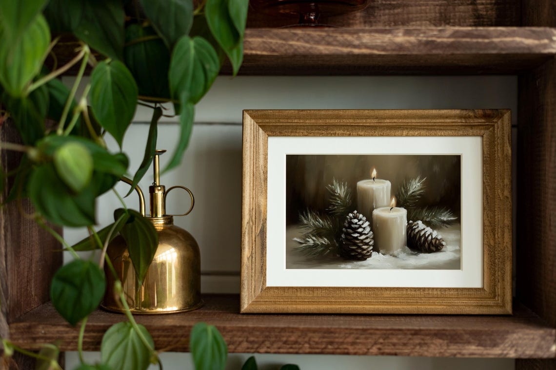 Two Lit Candles With Frosted Pinecones Christmas Still Life Poster - Image 2