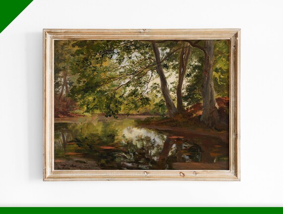Forest Pond Reflections Green Summer Oil Painting Landscape Poster