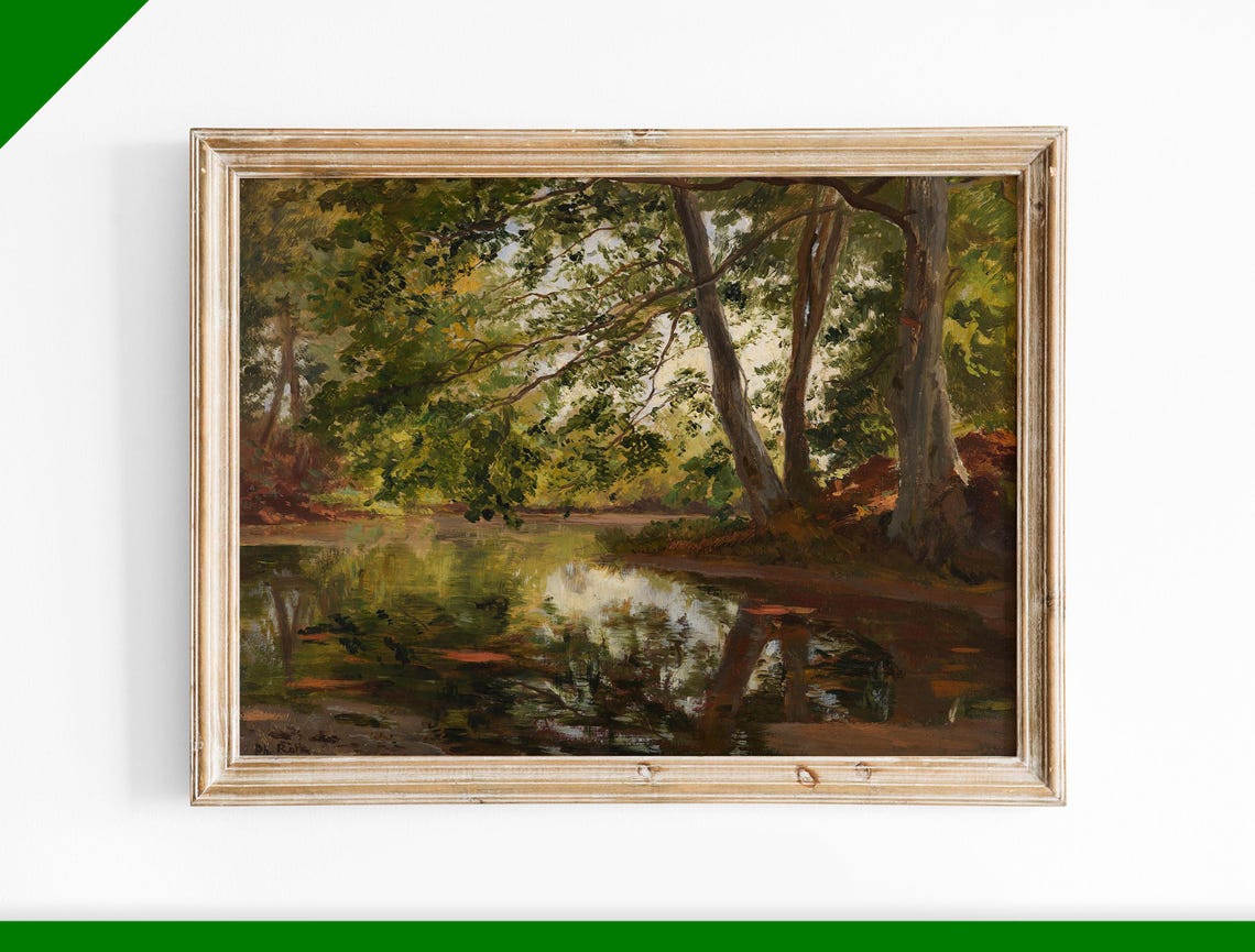 Forest Pond Reflections Green Summer Oil Painting Landscape Poster