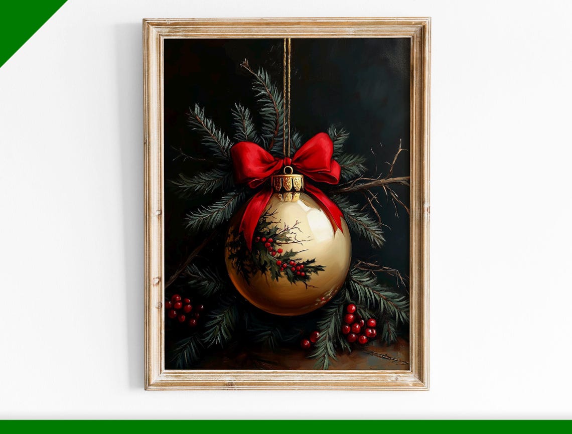 Gold Christmas Ornament With Red Bow Holly Berries Dark Poster