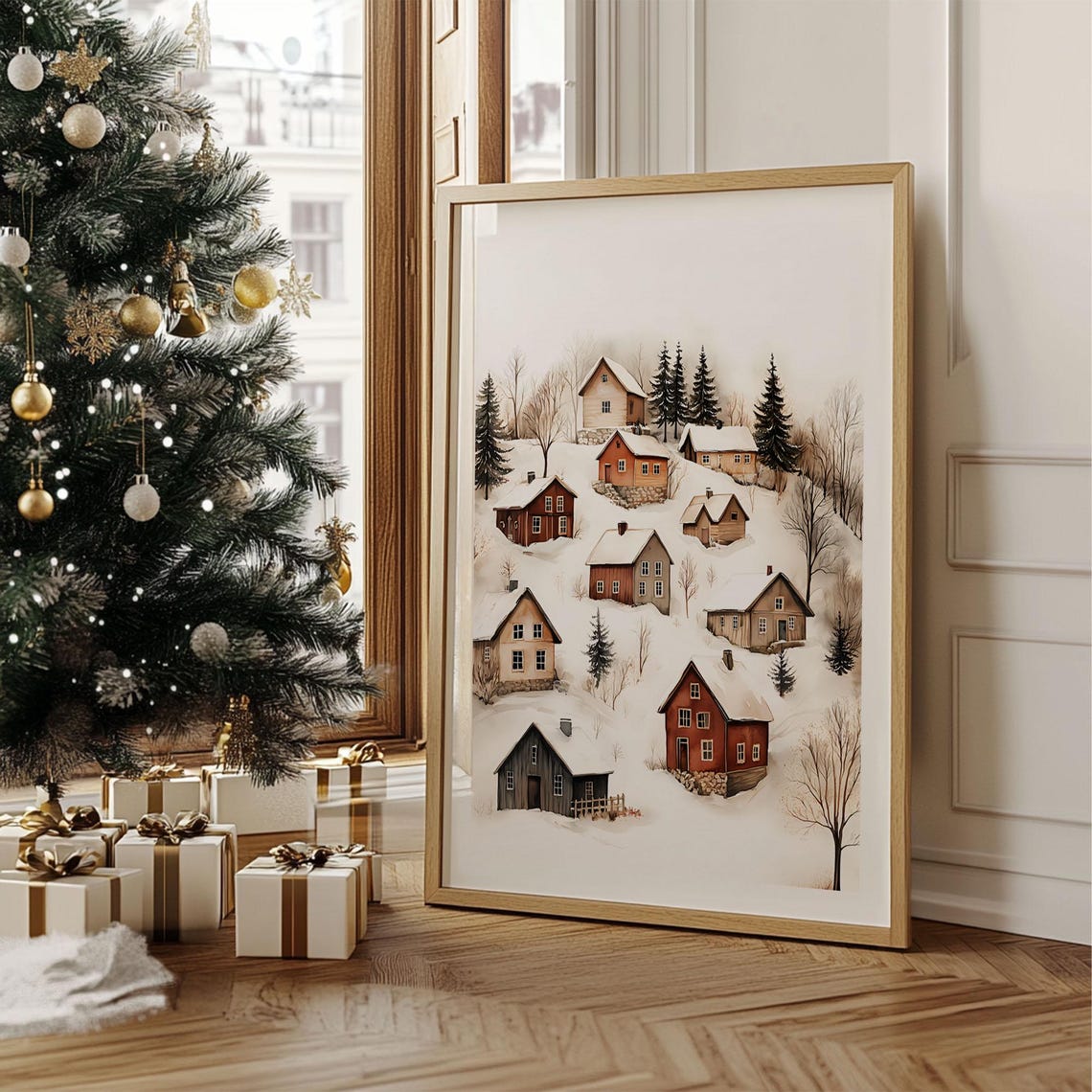 Snowy Nordic Village Hillside Cabins Watercolor Christmas Poster - Image 2