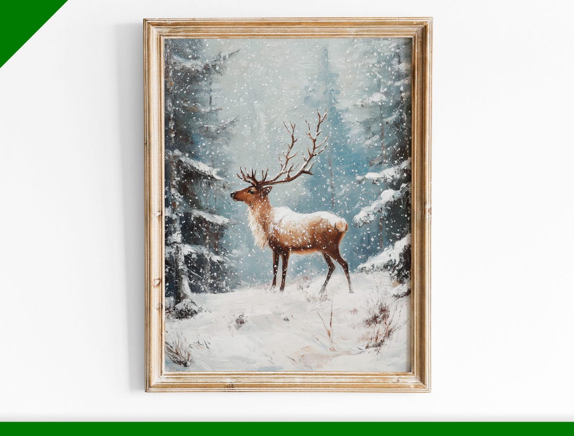 Majestic Stag in Snowy Forest Impressionist Winter Wildlife Poster