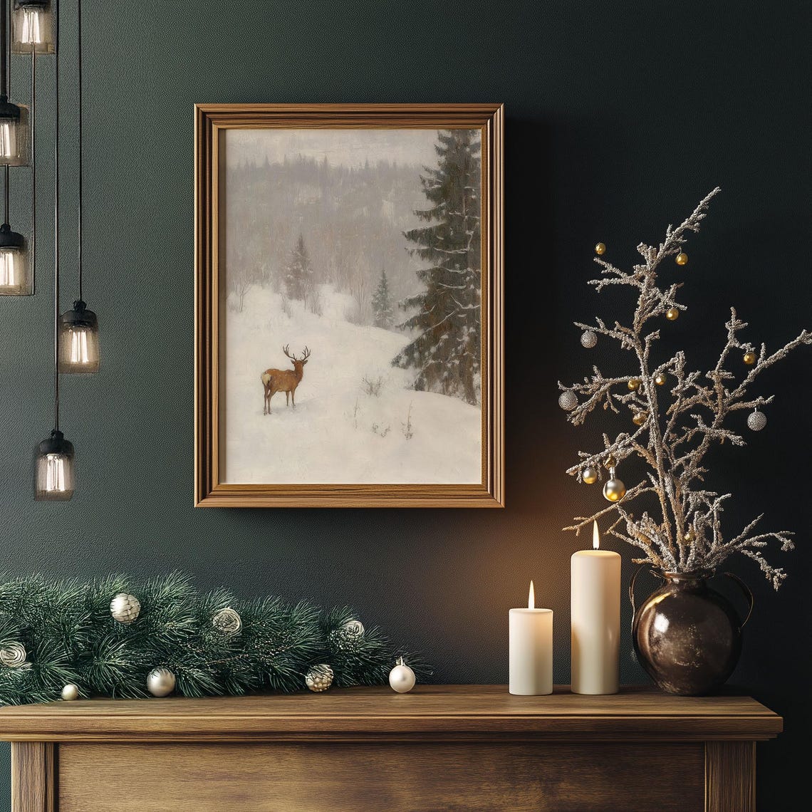 Lone Deer in Vast Misty Snowy Landscape Muted Winter Oil Poster - Image 4