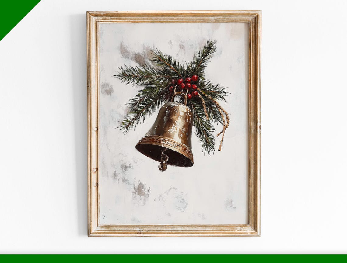 Rustic Brass Bell with Pine Branch and Red Berries Christmas Poster