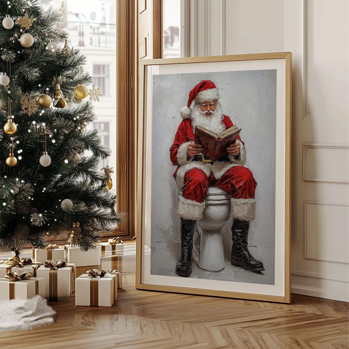 Christmas Wall Art Of Santa Claus Funny Portrait Winter Decoration Home Decor Artwork Holiday Livingroom Bathroom Restroom Toilet - Image 2