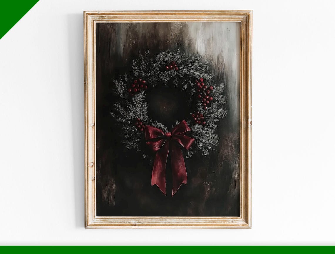 Frosted Pine Wreath with Red Berries and Burgundy Bow Christmas Poster
