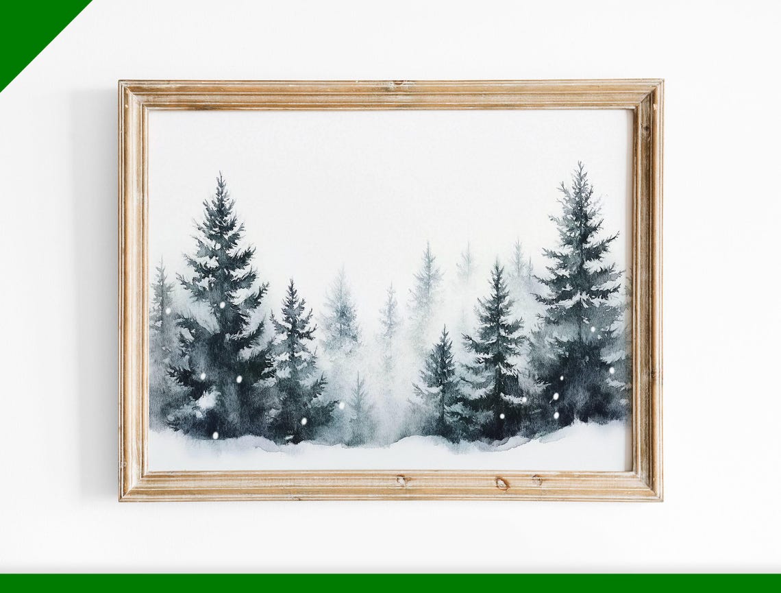 Misty Snowy Pine Trees Winter Watercolor Forest Landscape Poster