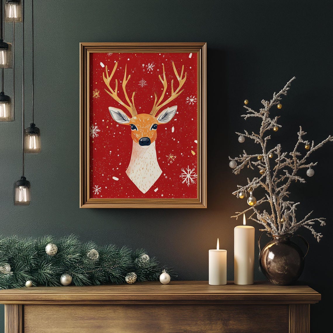 Illustrated Deer Head with Golden Antlers on Red Christmas Poster - Image 5