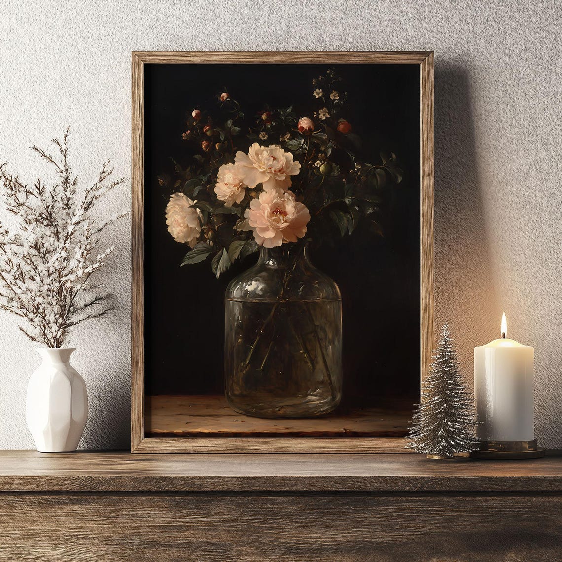 Dark Moody White Peony Flowers in Glass Vase Still Life Poster - Image 2