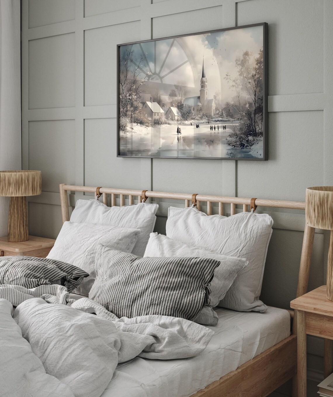Winter Church Skaters Pond Watercolor Village Snowy Scene Poster - Image 7