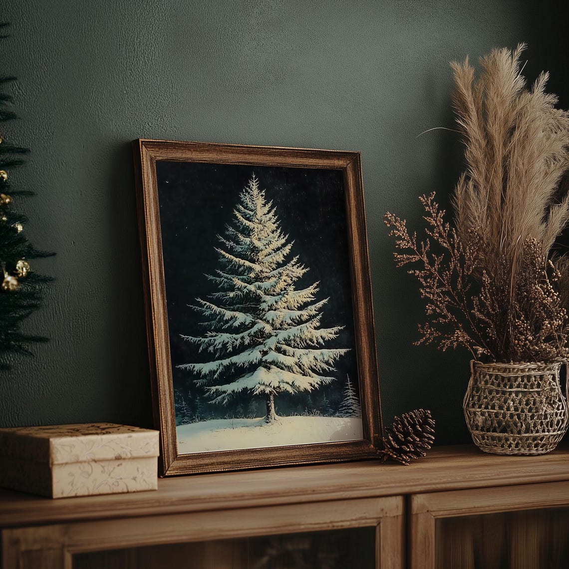 Moonlit Snowy Evergreen Dark Night Sky Vintage Winter Tree Poster - Image 6