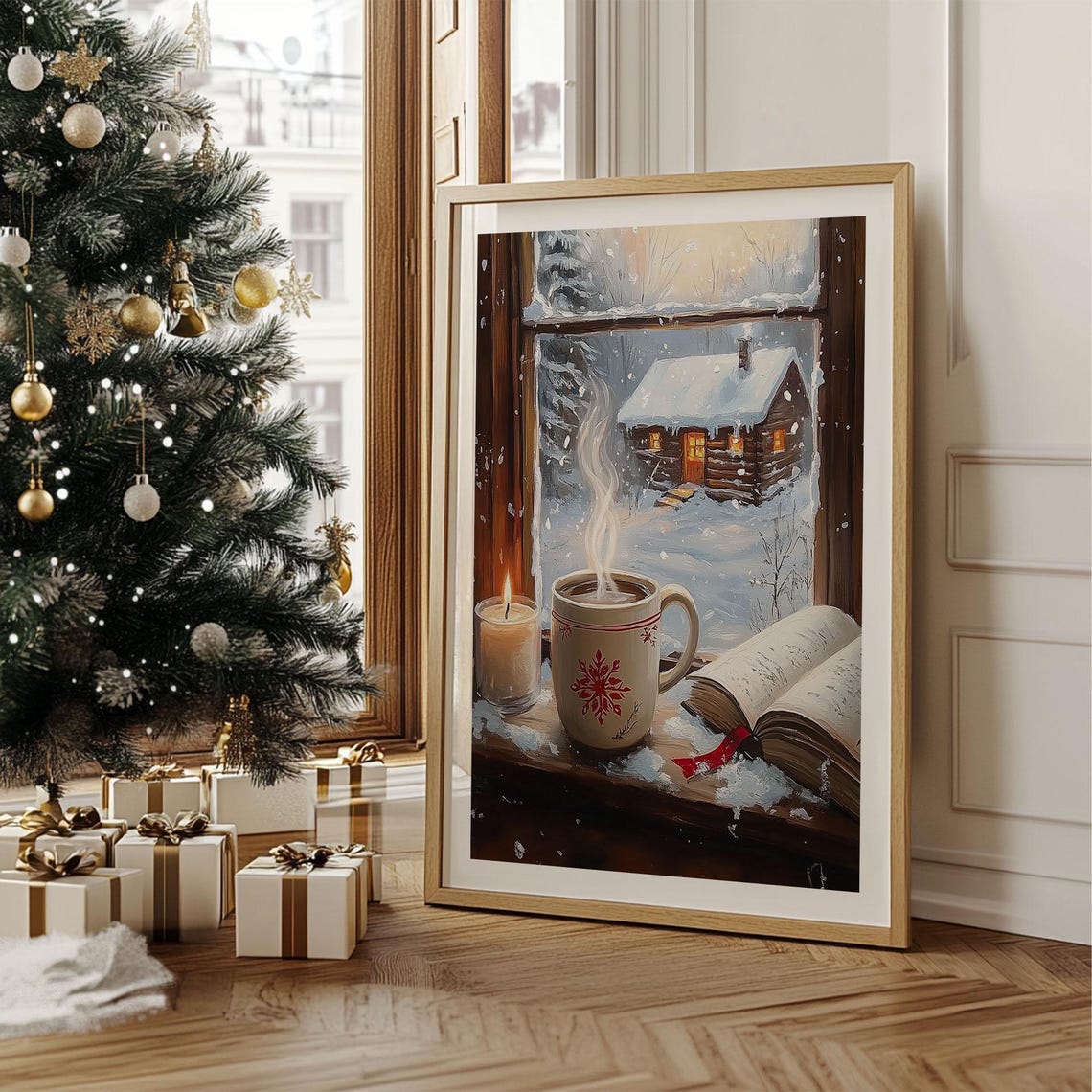 Cozy Cocoa Mug by Frosty Window Snowy Cabin View Winter Wall Art - Image 4
