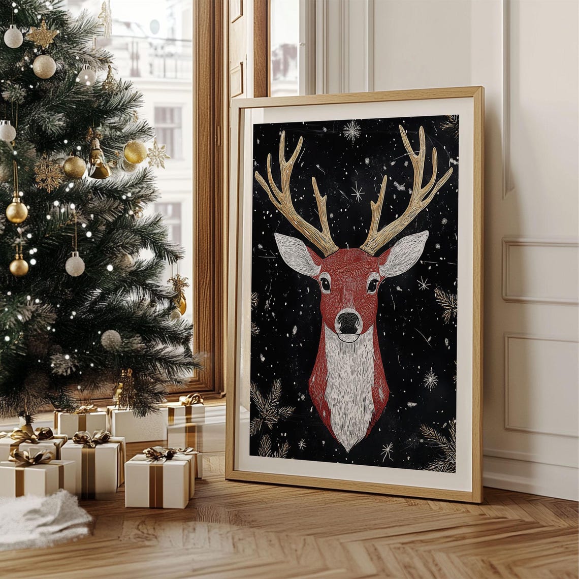 Red Reindeer with White Antlers Chalk Style on Black Christmas Poster - Image 5