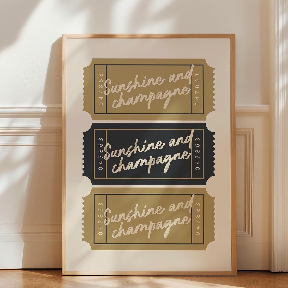 Sunshine And Champagne Gold Black Retro Ticket Stub Wall Art