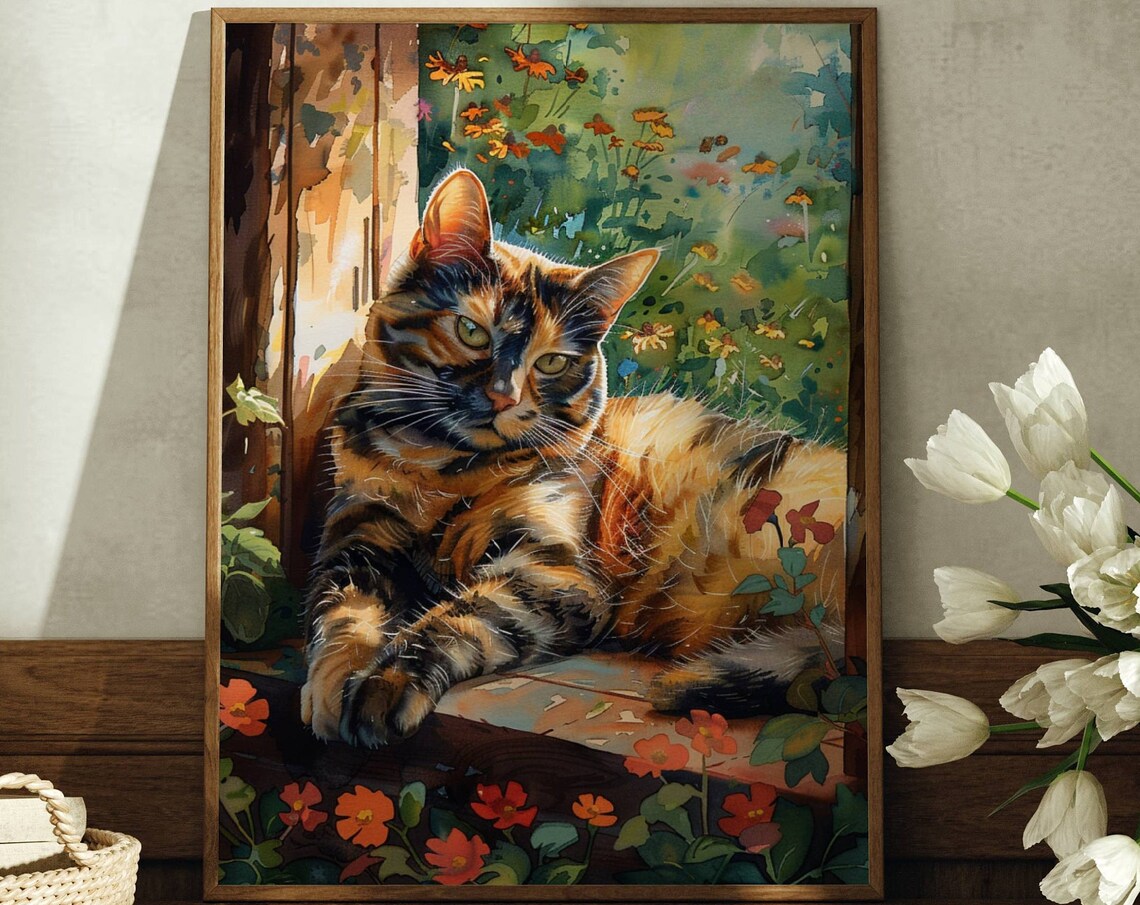 Tortoiseshell Cat Lounging In A Sunlit Cottage Flower Garden Poster