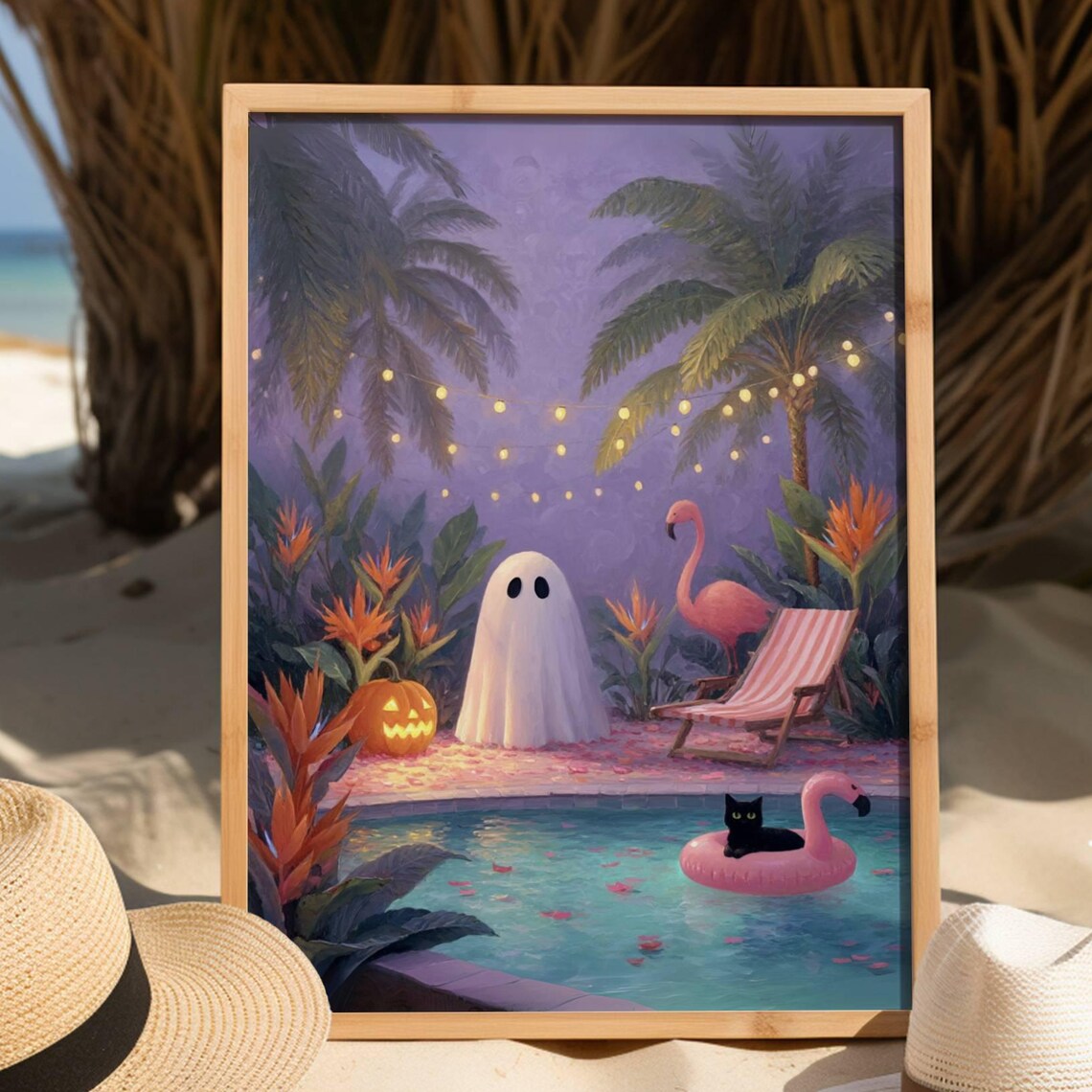 Black Cat Pool Party Poster, Whimsigoth Halloween Decor