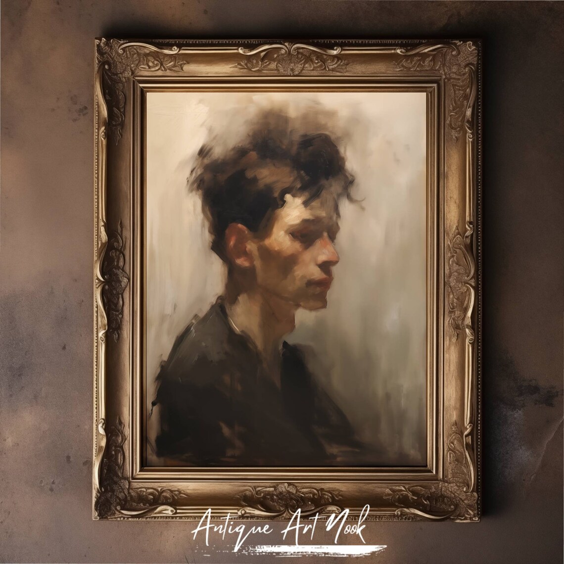 Man's Profile Vintage Painting, Moody Decor - Image 3