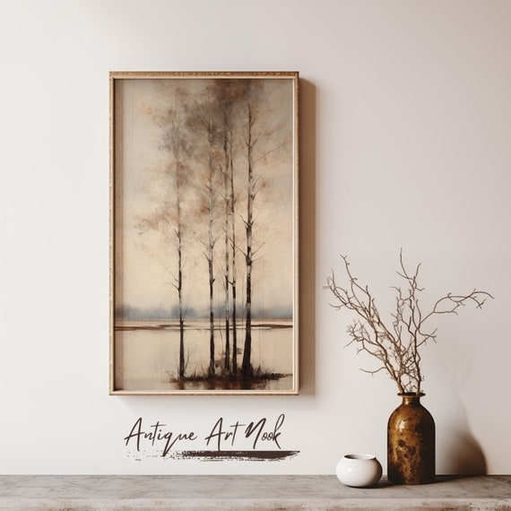 Winter Print Vintage Landscape Antique Wall Art Barren Trees Oil Painting Vintage Style Decor Moody