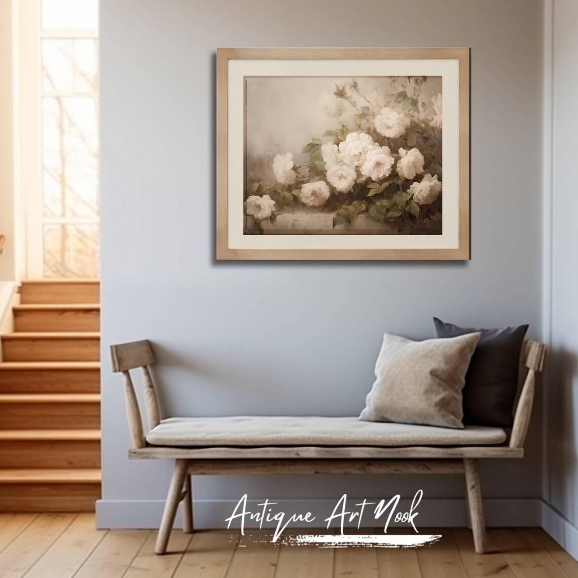 White Roses Elegance Vintage Antique Oil Painting - Image 2