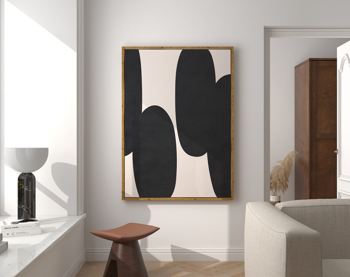 Minimalist Black Cream Curved Shapes Abstract Mid Century Wall Art
