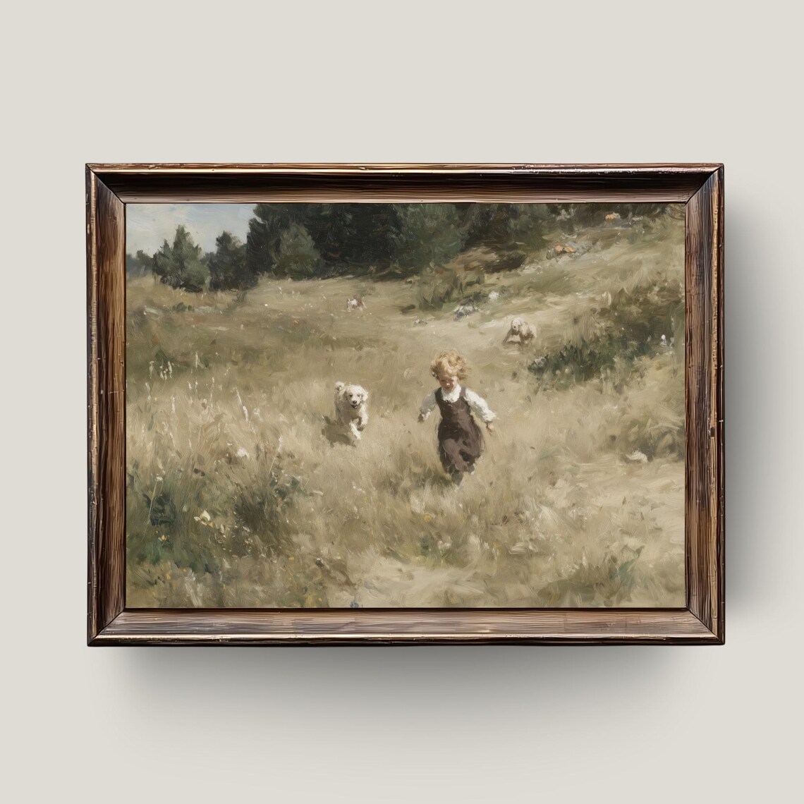 Rustic Child With Dogs In Meadow Vintage Farmhouse Oil Painting Wall Art