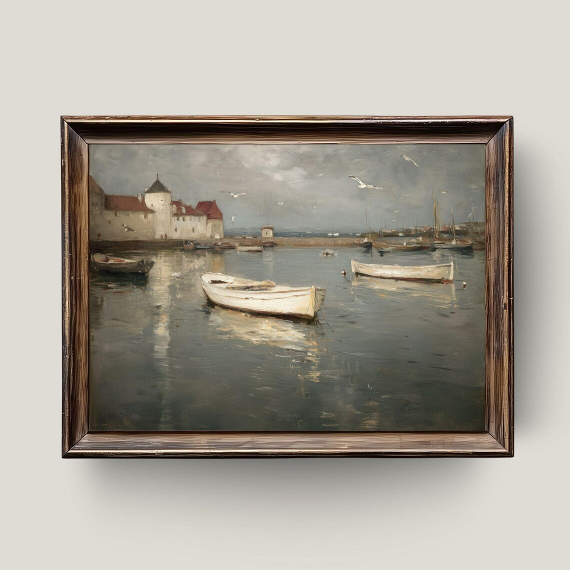 Vintage Harbor Boats Painting Quiet Coastal Village Seaside Scene Poster