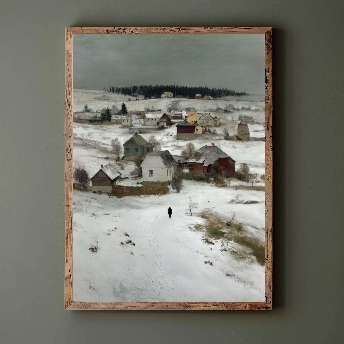 Peaceful Snowy Village Winter Painting Cozy Nordic Countryside Wall Art