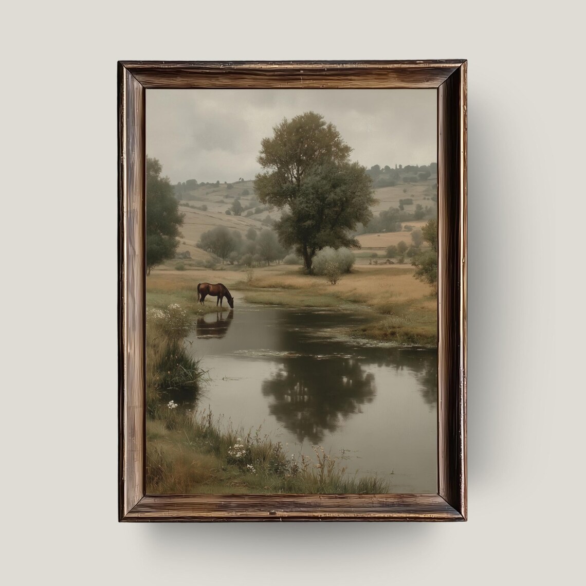 Horse Drinking Pond Rustic Countryside Landscape Vintage Style Wall Print
