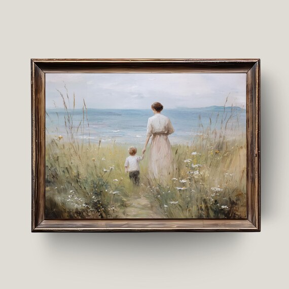 Mother Child Walking To Sea Coastal Grass Vintage Painting Print