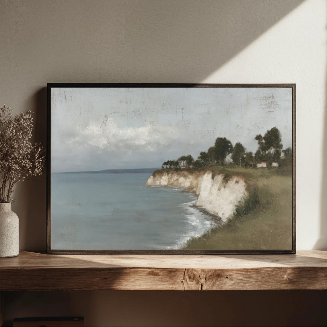 White Cliffs Coastal Seascape Minimal Neutral Ocean Landscape Poster