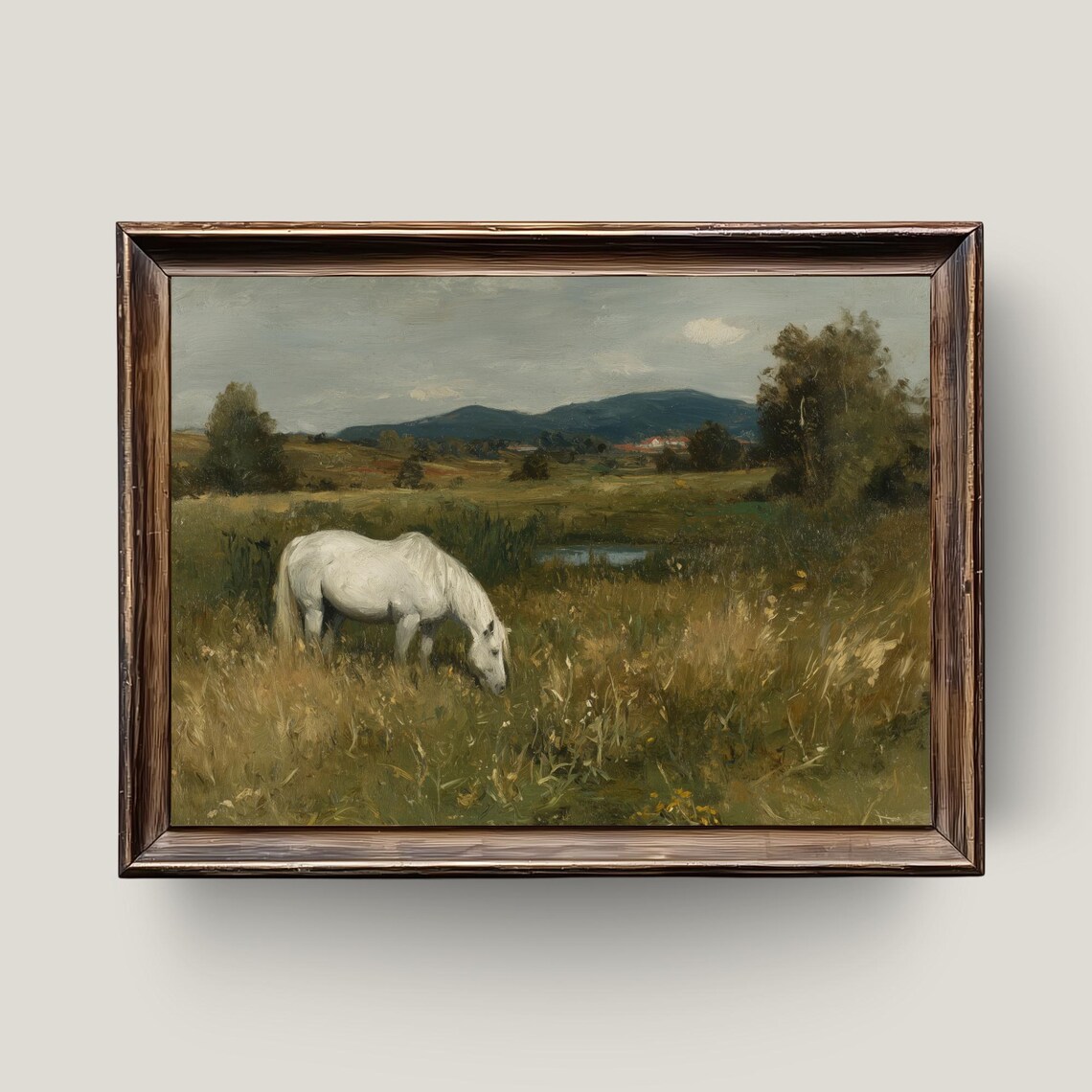 White Horse Grazing in a Golden Meadow Vintage Pastoral Poster