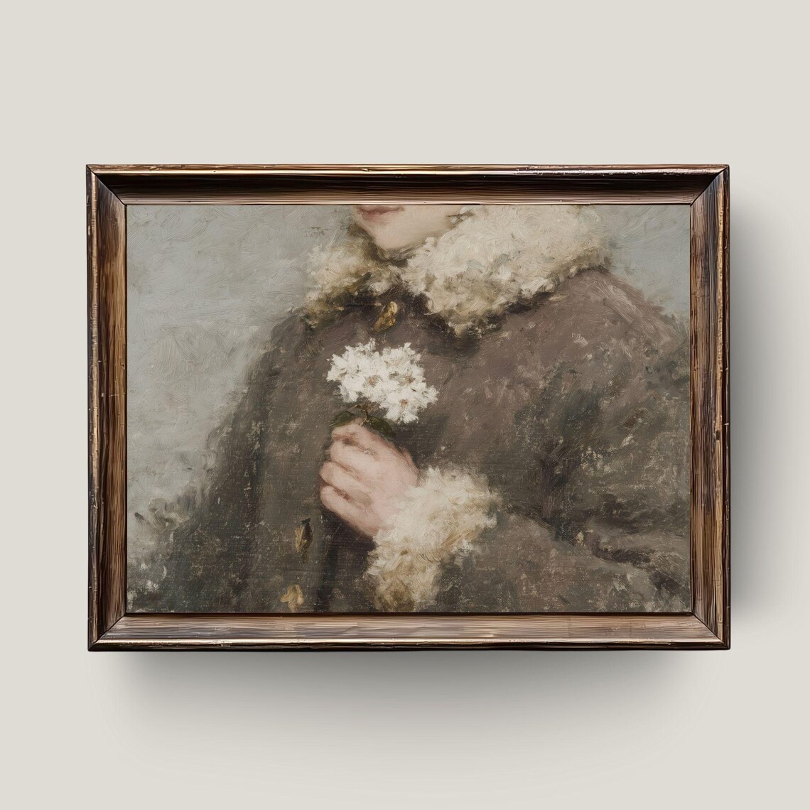 Vintage Girl Holding White Flowers Fur Coat Portrait Painting Art Poster