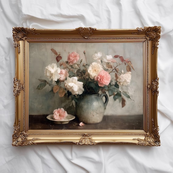 Vintage Rose Bouquet Romantic Floral Wall Art Soft Still Life Painting Neutral Botanical Decor