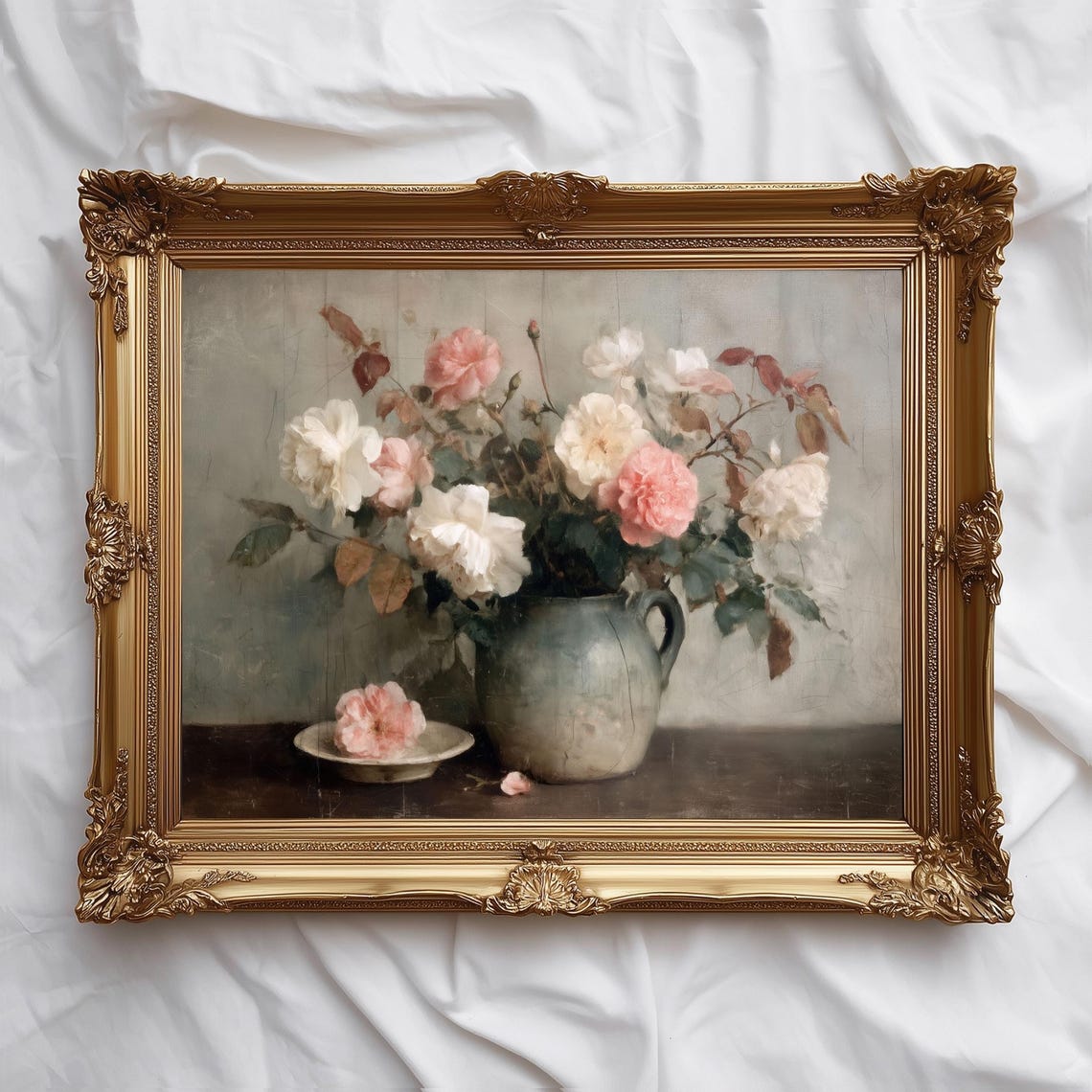 Romantic Vintage Pink Rose Bouquet Still Life in Pitcher Wall Art