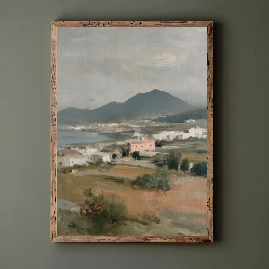 Mediterranean Village Landscape Neutral Coastal Oil Painting Wall Art